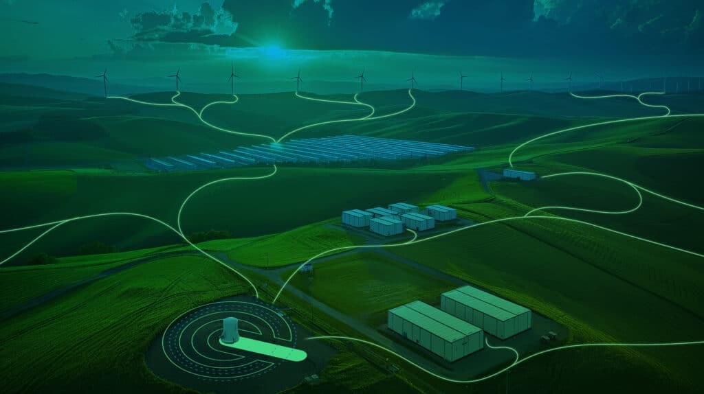 Eine futuristische Landschaft zeigt Windturbinen, Solarpaneele, Batteriespeicher und einen Landeplatz, die durch leuchtende Linien miteinander verbunden sind und die Integration erneuerbarer Energien auf grünen Hügeln unter einem dramatischen Himmel symbolisieren.