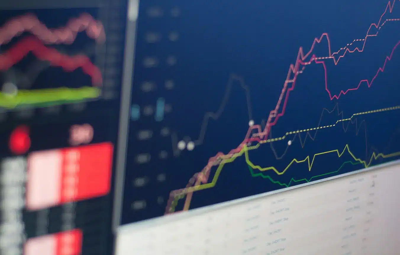 Ein Computerbildschirm zeigt mehrere bunte Liniendiagramme und Finanzdaten, bilanziert die aktuellen Markttrends, wobei ein Teil eines anderen Monitors links verschwommene rote und schwarze Abschnitte zeigt.